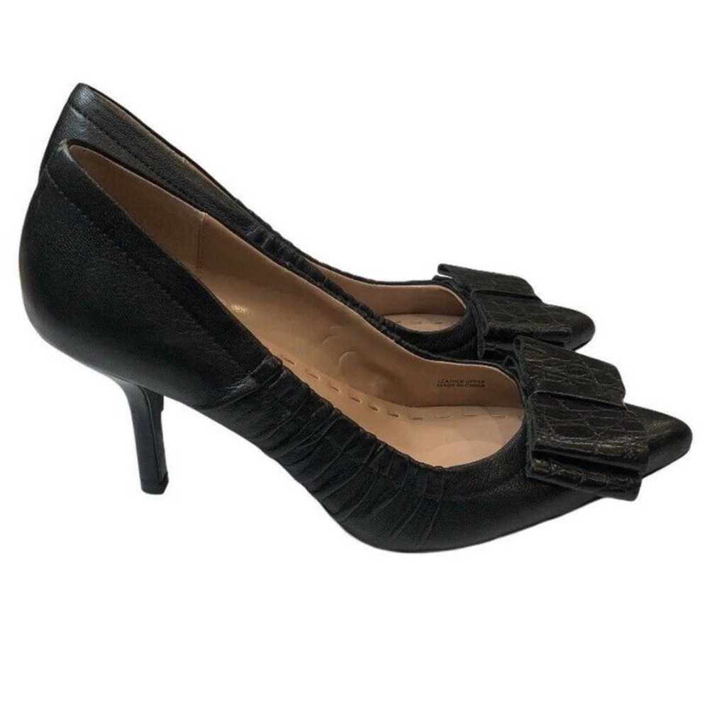 Tahari black Textured leather bow pointed toe pumps  Heels Shoe 7.5
